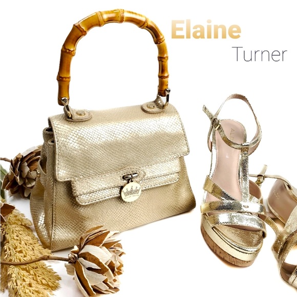 EUC Elaine Turner Champagne Gold snakeskin leather bag with bamboo handle - Picture 1 of 13